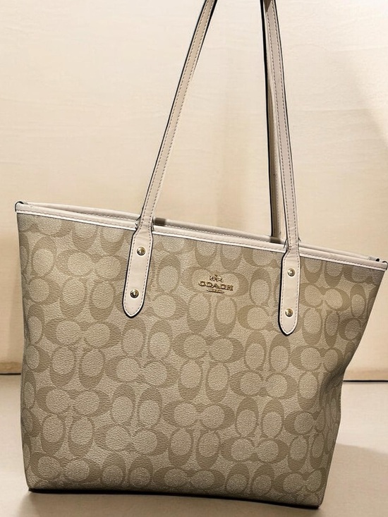 Coach Handbags - Coach Beige Signature Canvas Tote with Cream Leather Trim